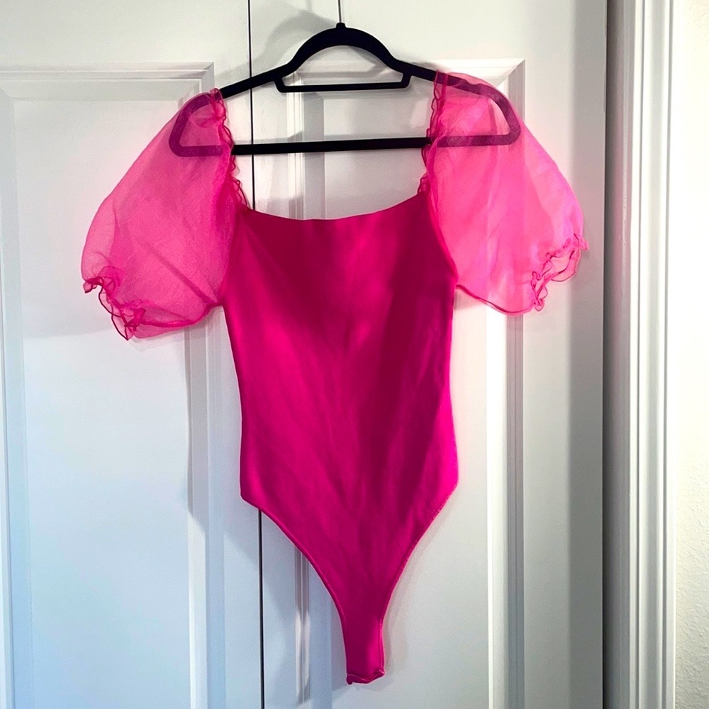 Knit Bodysuit with Sheer Puff Sleeves